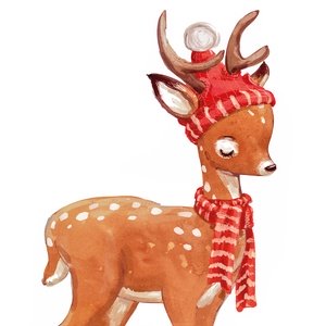 Postcard deer in red hat and scarf