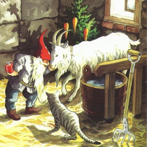 Pocztówka skrzat z kozą i kotem