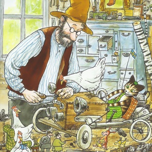 Postcard pettson and findus in workshop
