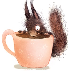 Postcard squirrel with coffee