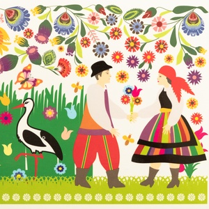 Postcard łowicz folklore - couple and storks