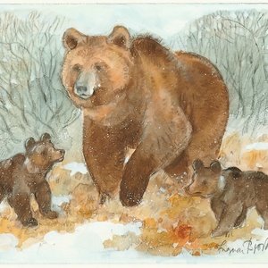 Postcard she-bear with cubs