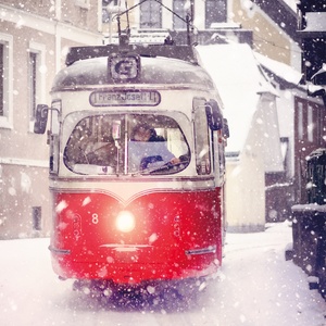 Postcard red tram in winter