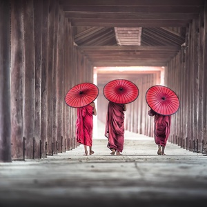 Postcard three monks in buddhist pagoda
