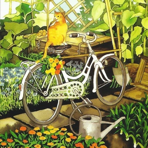 Collection garden - ginger cat on bike