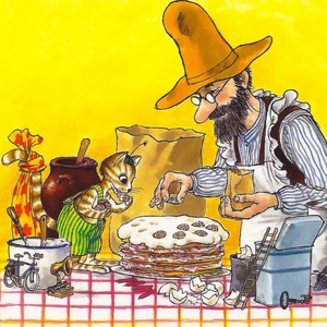 Postcard pettson and findus baking a cake