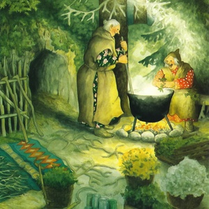 Postcard cooking in cauldron