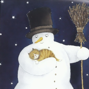 Postcard snowman with kitten