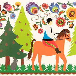 Postcard łowicz folklore - horse rider