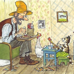 Postcard pettson and findus eating pancakes