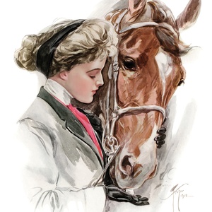 Postcard lady with a horse