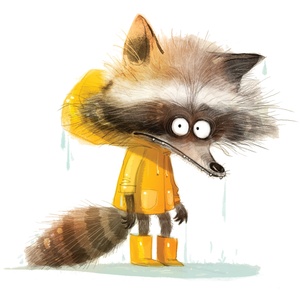Postcard raccoon in yellow raincoat